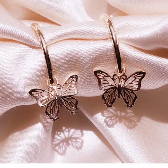 New Butterfly Drop Earrings 14k Rose Gold Plated - Picture 4 of 5